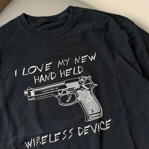 Vintage 90s Gun Handheld Device Adult  Faded Black Quote Shirt